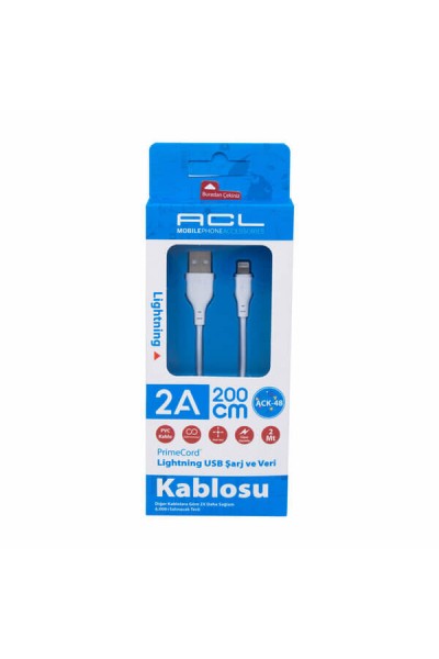 Acl Şarj Kablo USB Lightning 2A Hızlı Veri 2mt ACK-48 5308
