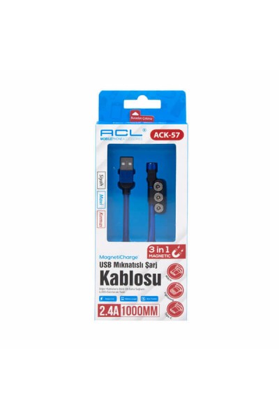 Acl Şarj Kablo USB Mıknatıslı 3 Başlıklı USB 2.4A 1mt ACK-57 5889
