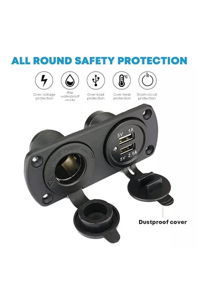2 Lİ SU GEÇİRMEZ USB ÇAKMAK PANO TİP ŞARJ SÖKETİ 