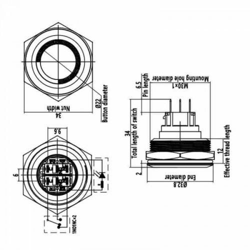 30MM METAL DÜZ YAYLI BEYAZ IŞIKLI BUTON PASLANMAZ ÇELİK GQ30-11
