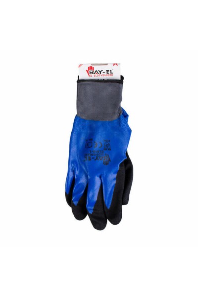 Bayel İş Eldiveni Latex Full Kaplama Mavi-Siyah Tekli Size10 EL080 EL035 3636