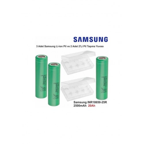 Samsung INR18650-25R 2500 mAh 3.7 V Li-Ion Şarj Edilebilir Pil 3'lü + 2 Adet 2'li Pil Kutusu Set