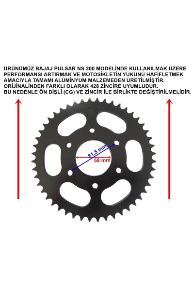 BAJAJ PULSAR NS 200 UYUMLU ARKA DİŞLİ PERFORMANS 428-48T İÇ 58 mm ALÜMİNYUM SİYAH ÖM