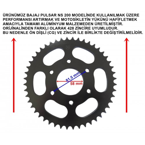 BAJAJ PULSAR NS 200 UYUMLU ARKA DİŞLİ PERFORMANS 428-48T İÇ 58 mm ALÜMİNYUM SİYAH ÖM